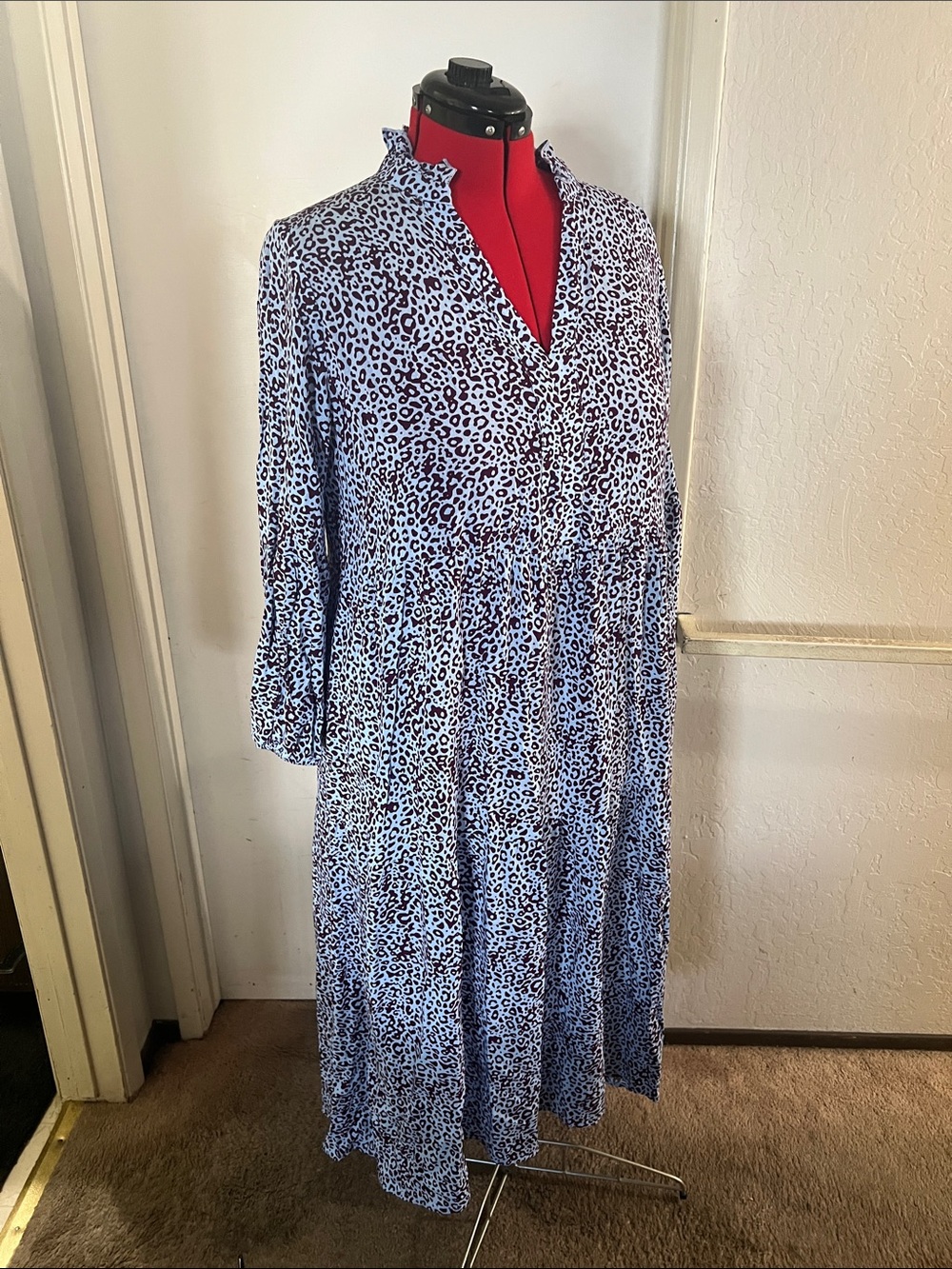 Terra & Sky Blue Leopard-Print Tiered Maxi Dress